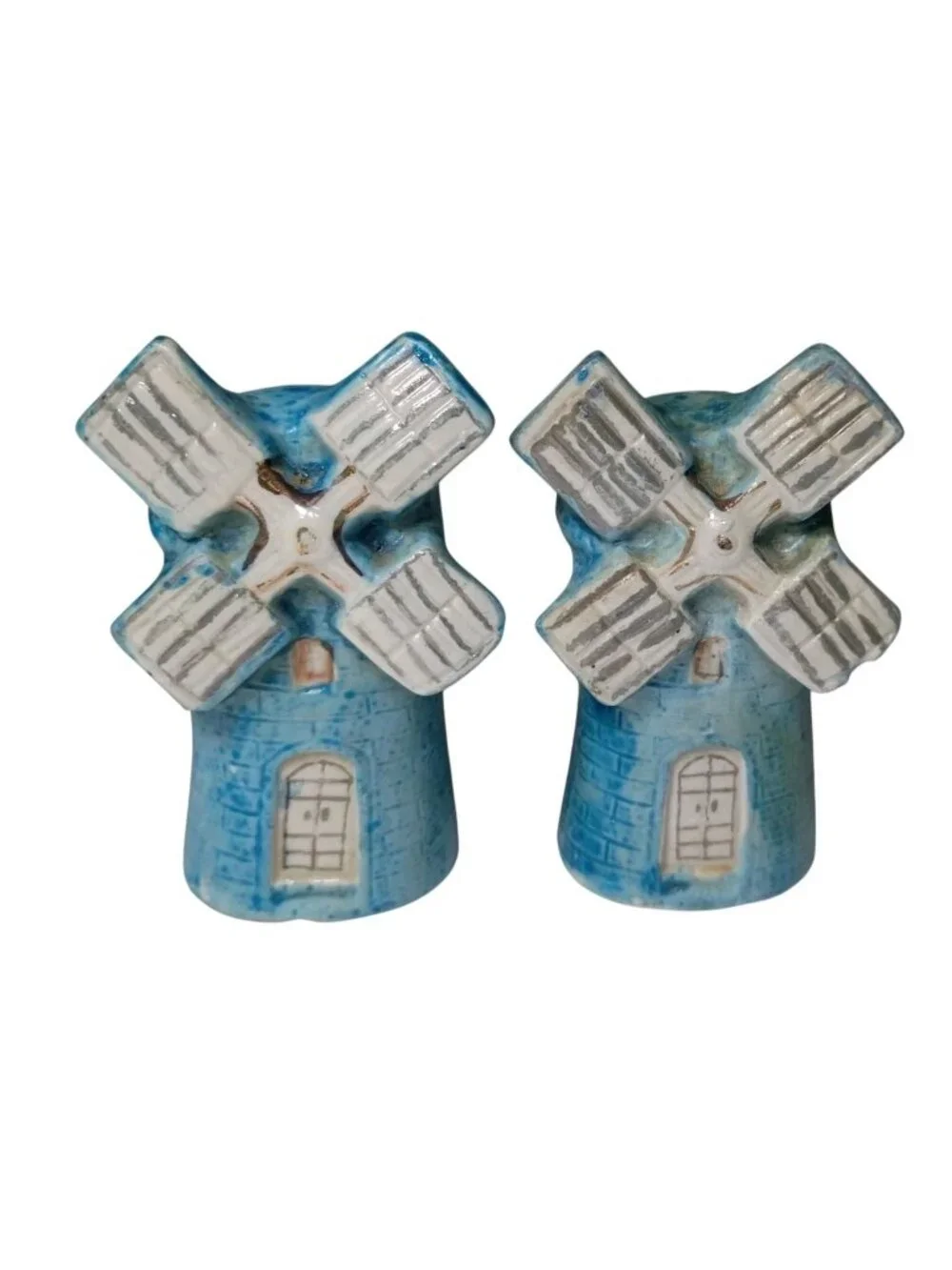 Vintage MCM Painted Porcelain Windmill Salt & Pepper Shakers Japan Blue